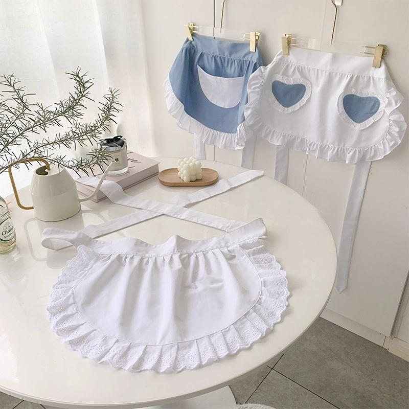 Kvinne Halv midje Matlaging Kjøkkenforkle Kort Lolita Maid Sexy Blonder Svart Hvit Smekke Skjønnhet Blomst Kaffebar Forkle Hjemmearbeid