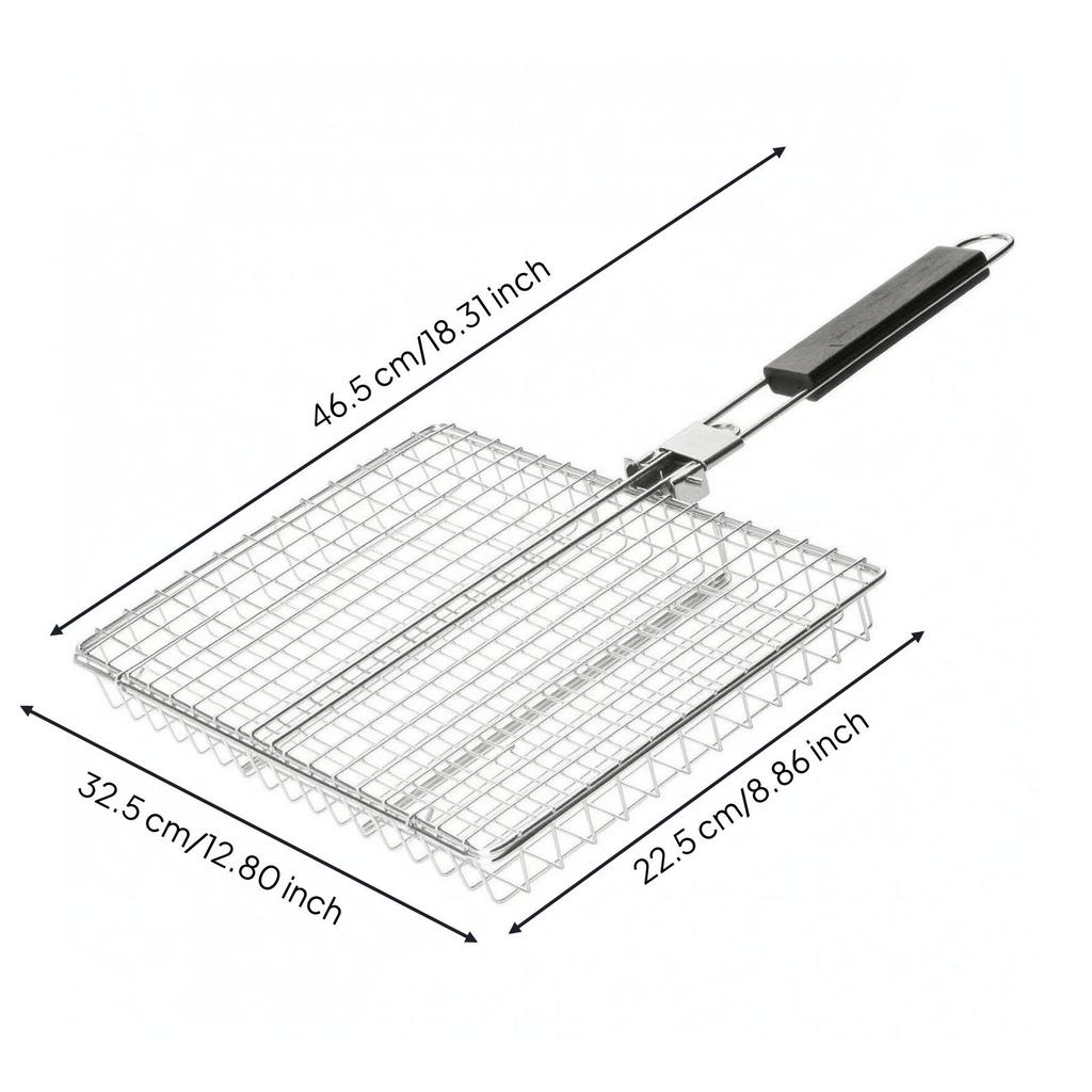 Square Grill Basket with Long Handle Electroplated Carbon Steel Folding Foldable
