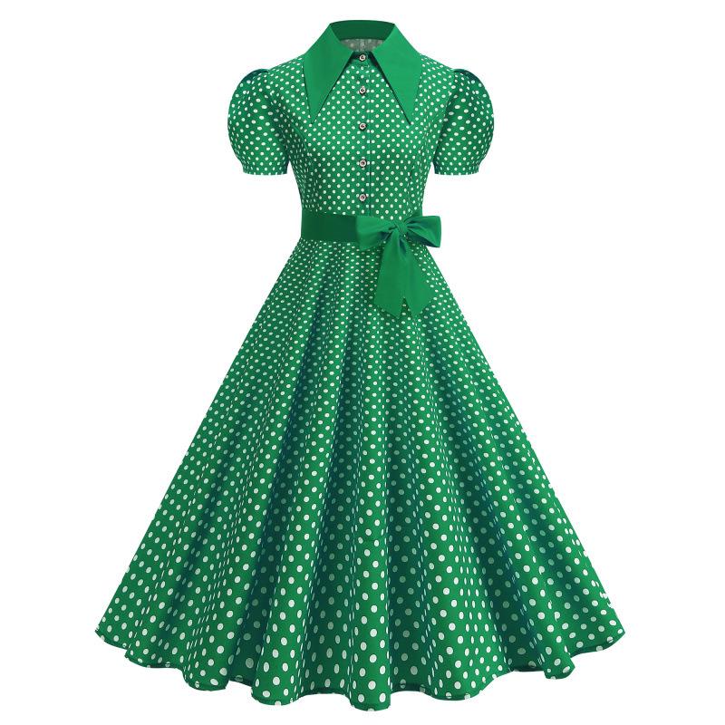 Рубашечный воротник в горошек Французское ретро Платье в стиле Хепберн 2026 S зелёный
