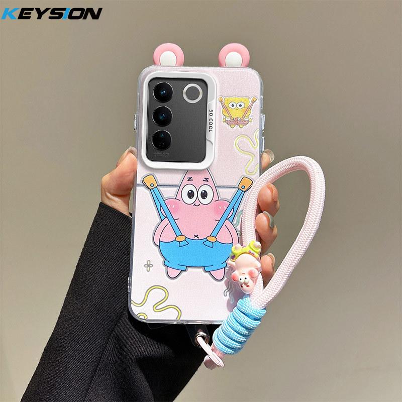 KEYSION Cute Ear Cartoon Case for VIVO Y100 5G with Lanyard Soft Silicone+PC Shockproof Phone Back Cover for VIVO Y100