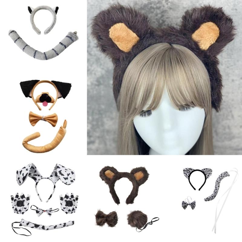 Deer/Elephant/Cheetah/Bear/Dog/Leopard Costume Set Ear Headbands Tail Bows Halloween Christmas Animal Cosplays Costume