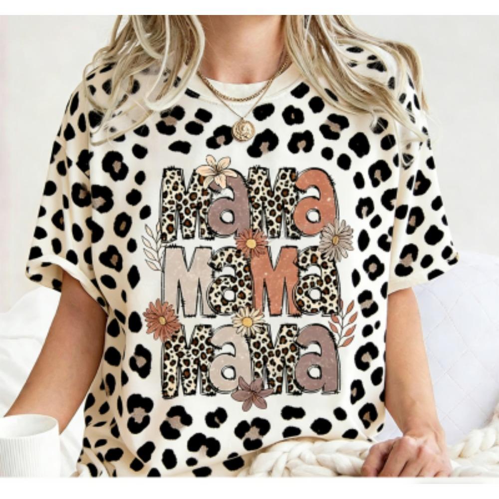 

Funny Leopard Letter Mama Colorful Print Women s Short Sleeves T-Shirt Loose Casual Summer Outdoor Street Women s Tees Tops XXS