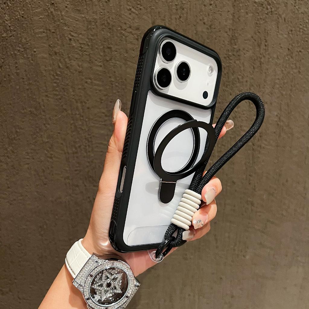 For iPhone 17 Pro Case Compatible with MagSafe Kickstand TPU PC Clear Phone Back Cover with Wrist Strap