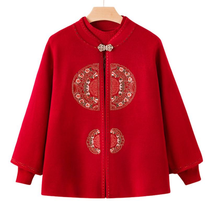 New Mother Outfit Autumn Knitted Sweater Set Old Man Embroidered Coat Grandma Sweater Tang Suit Two-piece Set