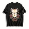 Japanese Style Fox Mask Floral Print Vintage Casual T-Shirt Pure Cotton T-shirt