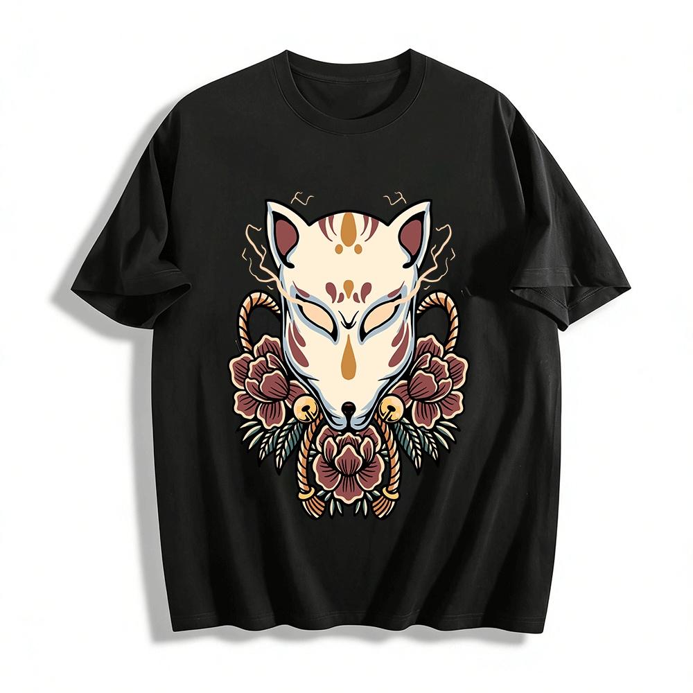 

Japanese Style Fox Mask Floral Print Vintage Casual T-Shirt Pure cotton T-shirt XXS