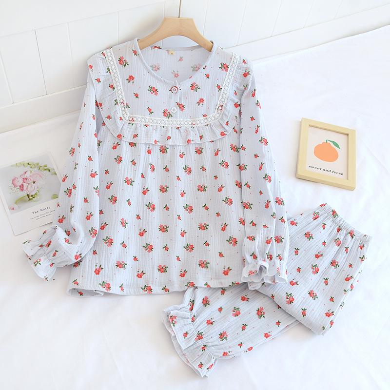 New spring and summer ladies pajamas long-sleeved trousers two-piece cotton crepe large size flower pullover home service suit