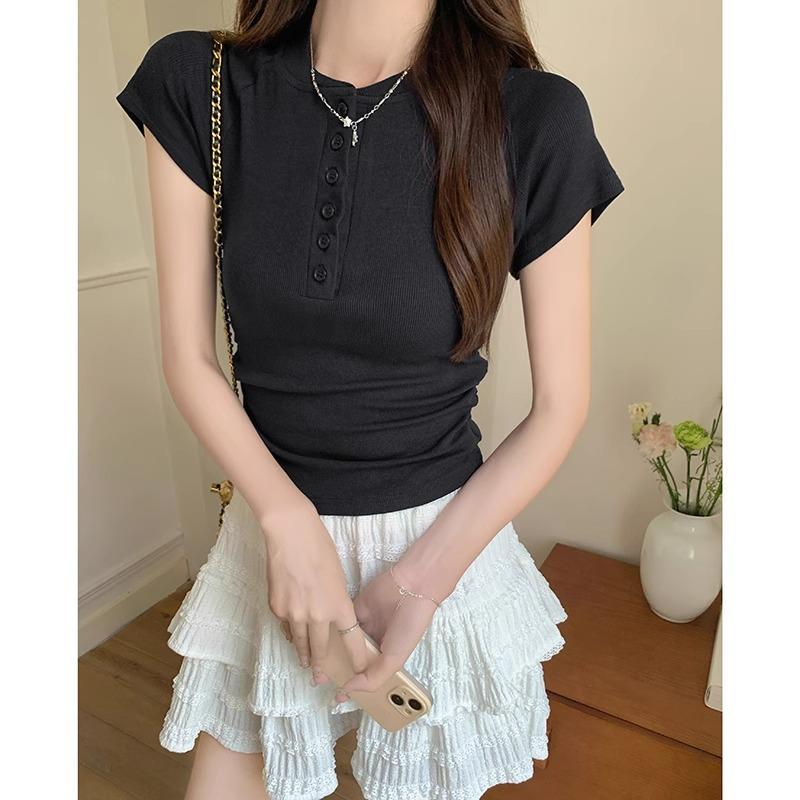 French Summer Solid Color Button Upright Shoulder Half Open Collar Short Sleeve Waist Sweet Hot Girl Slim Fit Raglan Sleeve T-Shirt for Women