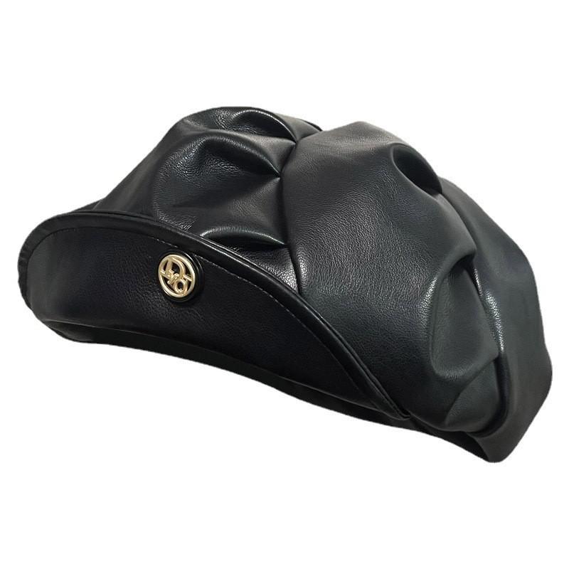 Pu Trendy Leather Beret For Women Vintage Style Sun Protection Cap Painter