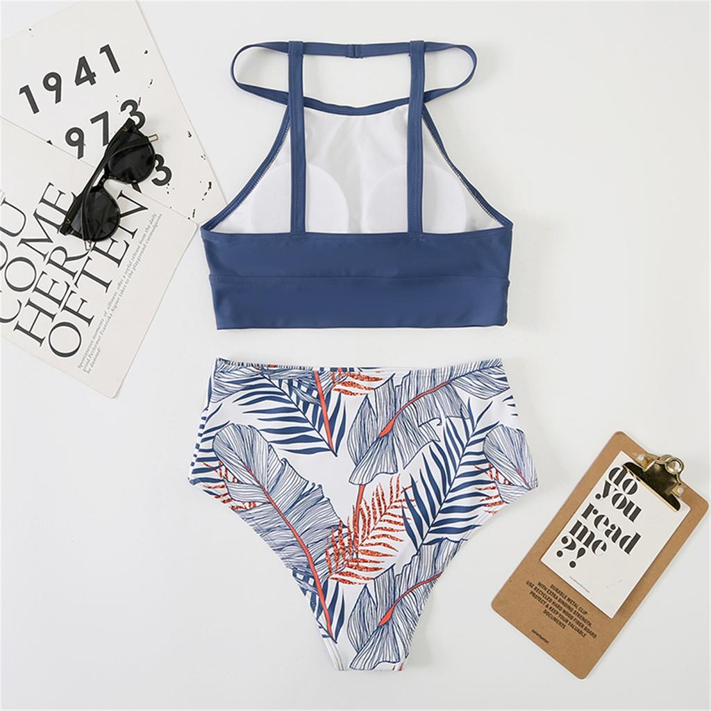 Women's Two Piece Swimsuit High Waist Halter Neck Bikini Set Leaf Print Bottoms Stretch Fabric