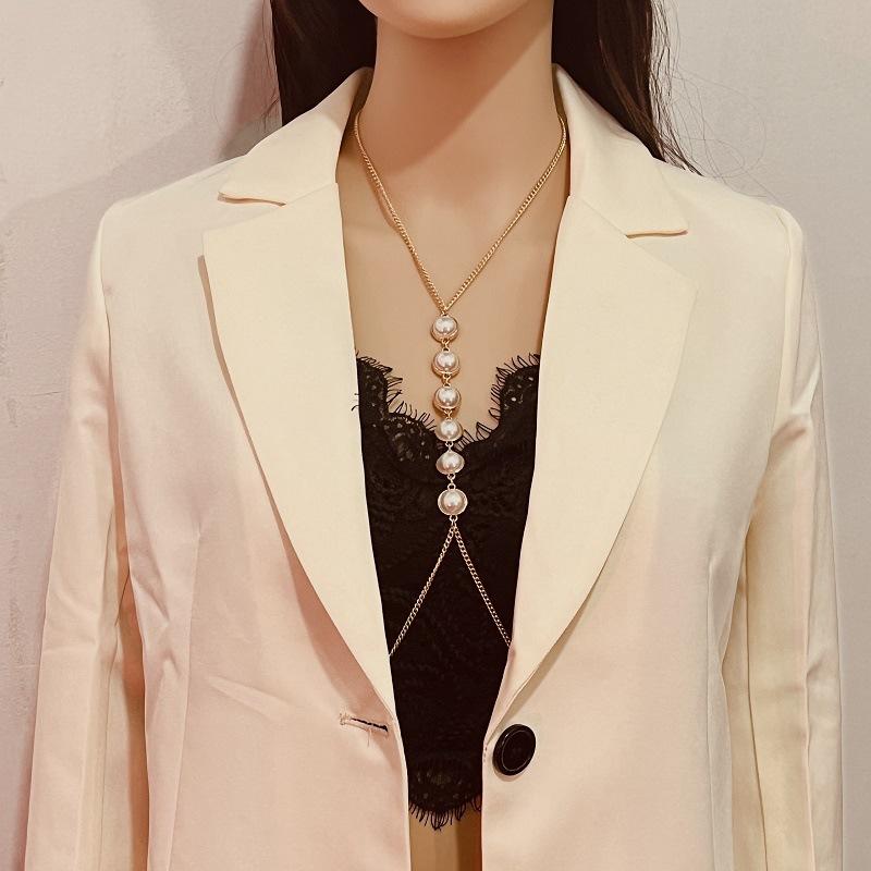 European And American Sexy Metal Imitation Pearl Chain Body Chain