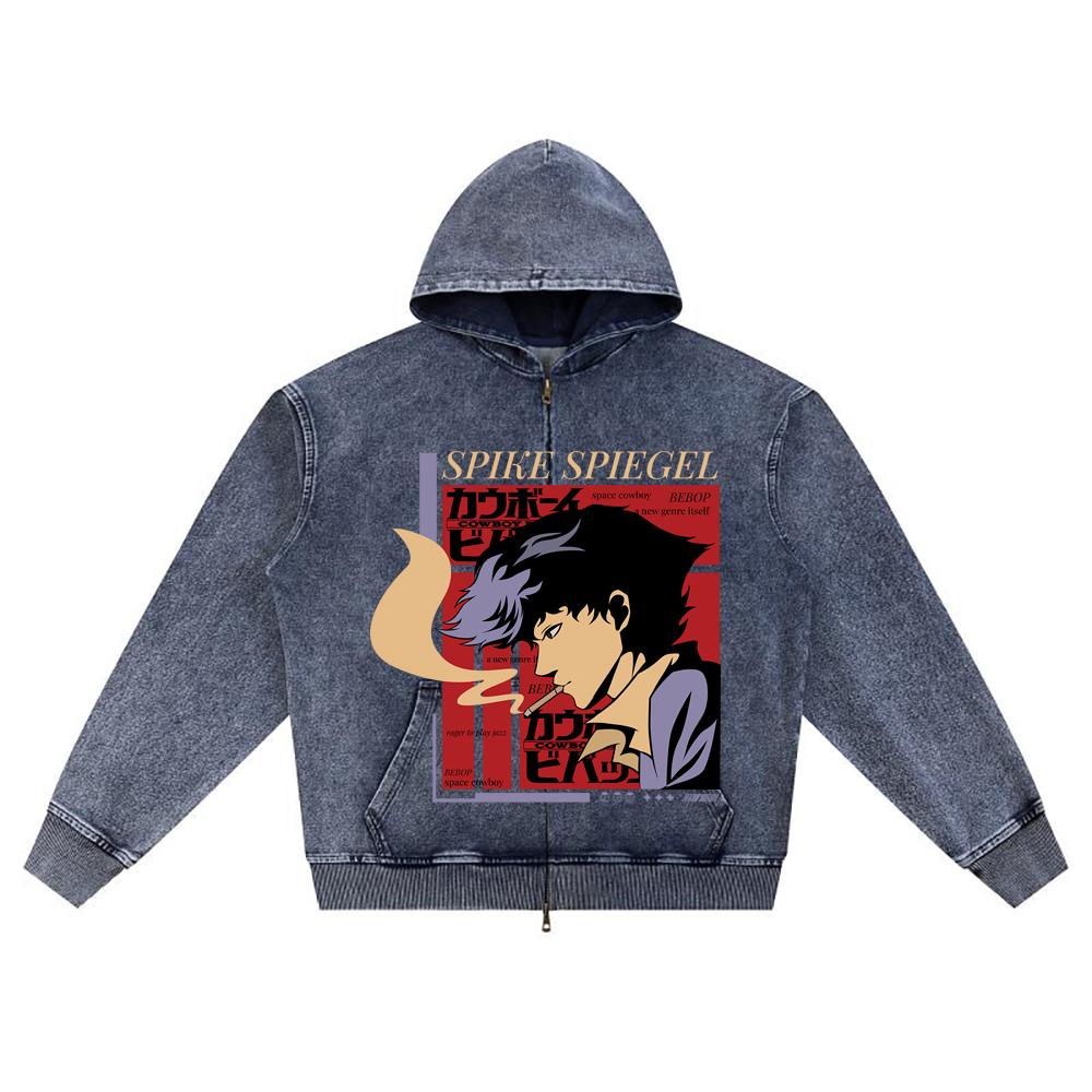 DTG Print Knitted Denim Zip-Up Hoodie Anime Streetwear 10 Brother Print Zipper Hoodies