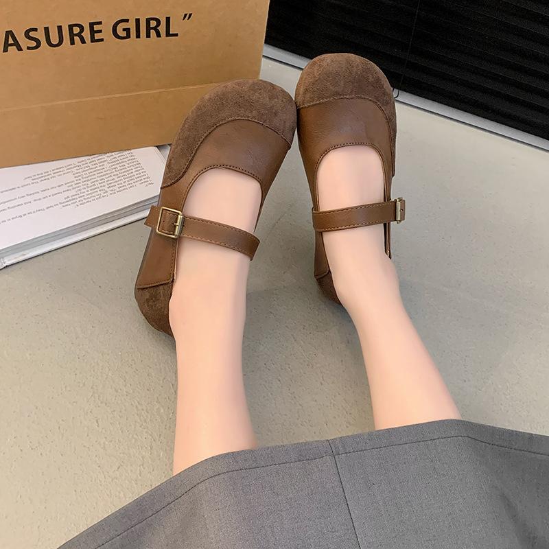 Outer wear round head splicing new soft-soled single shoes belt buckle flat-soled women's Mary Jane shoes versatile spring and summer 2025