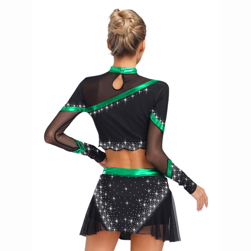 Womens Cheerleading Costume Set Long Sleeve Rhinestone Crop Top Matching Dance Skirt Performance Outfit