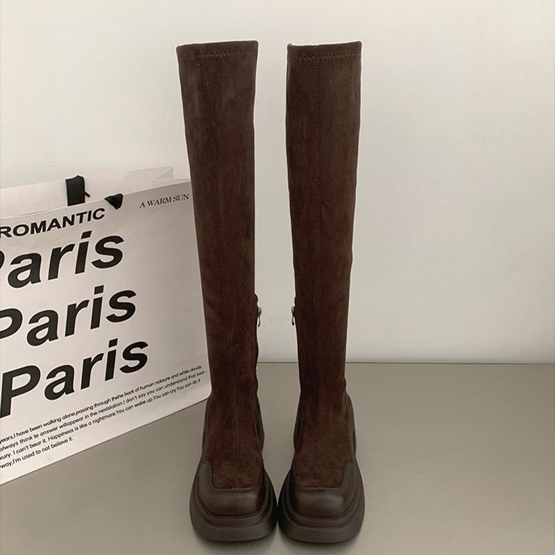 

Уличный стиль Эластичные женские сапоги выше колена Осень-зима Толстый каблук Женские лаконичные длинные Botas De Mujer 35