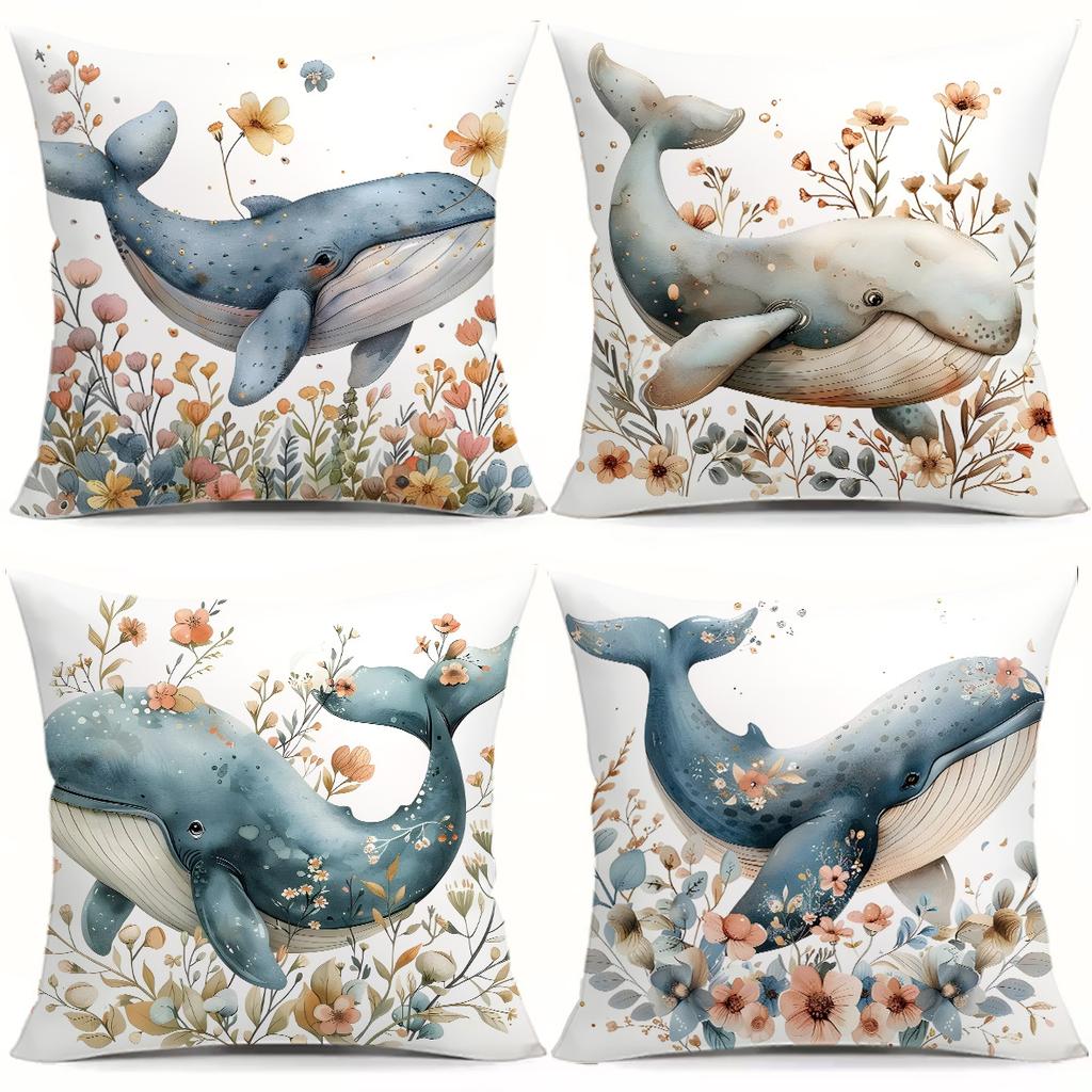Dreamy Watercolor Whale Flowers Digital Printing Pillow Cover Short Plush Suitable Living Bedrooms Sofas Throw Cushion Cover
