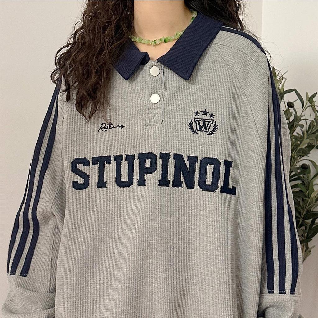 2025 Spring/Autumn Retro Trend Loose Japanese Straight Shoulder Casual Long Sleeve Polo Sweatshirt