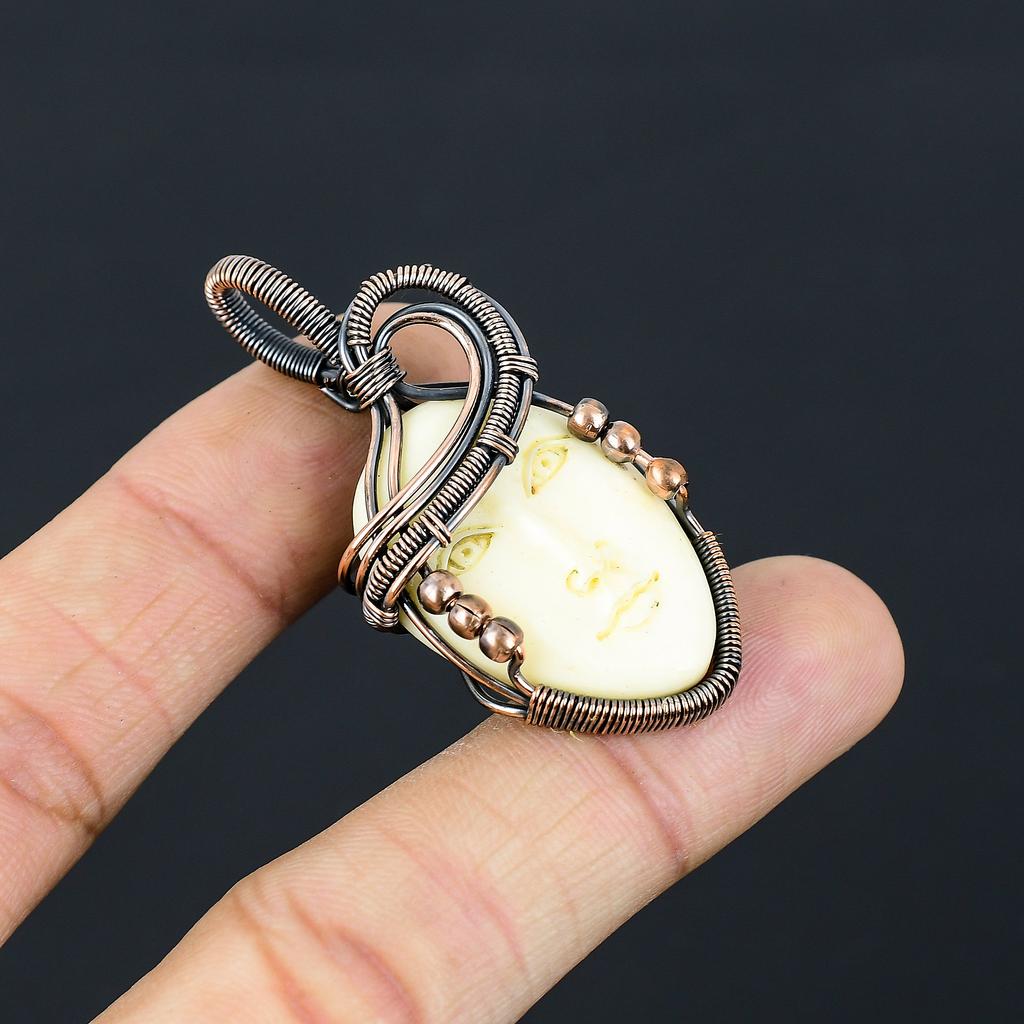 Natural Cameo Face Gemstone Handmade Copper Wire Wrap Pendant 1.97" B7m27