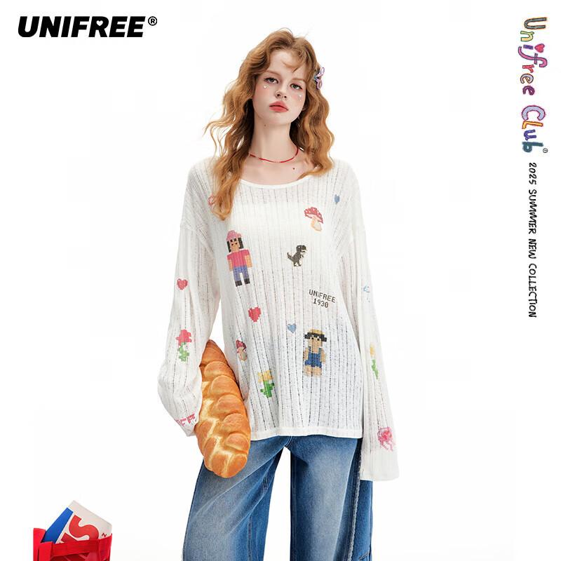 UNIFREE Korean Style Mosaic Fun Figure Mushroom Print Loose T-Shirt L