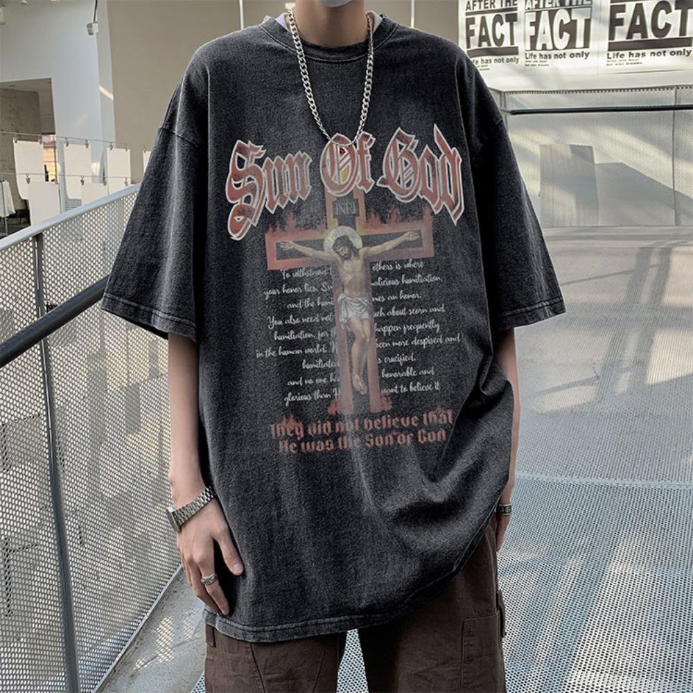 100 % bomull Acid Washed Vintage Kortärmad T-shirt Framtryck Streetwear HipHop Harajuku Oversized T-shirts