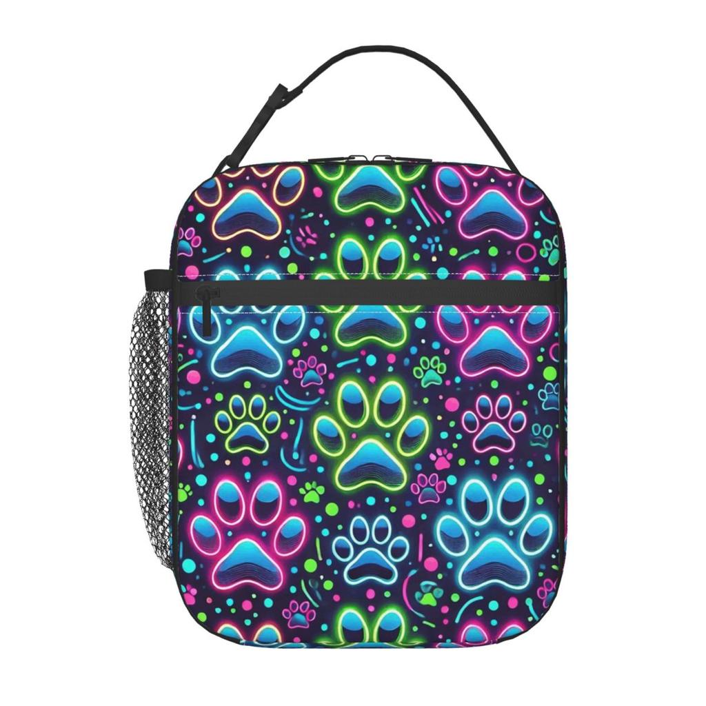 Colorful Neon Dog Paw Pattern Insulated Lunch Bag for Women Children Portable Food Boxes Thermal Lunch Box Tote