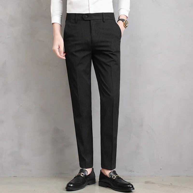 

England Stripe Pattern Formal Dress Slim Fit Pants Men Summer Thin Light Gray Black Breathable Korea Skinny Casual Trousers Male 28 чёрный