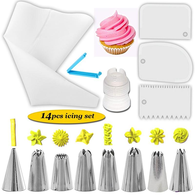 14pcs Cake Decorating Kit Piping Tips Silicone Pastry Icing Bags Nozzles Cream Scrapers Coupler Set DIY Cake Decorating Tools