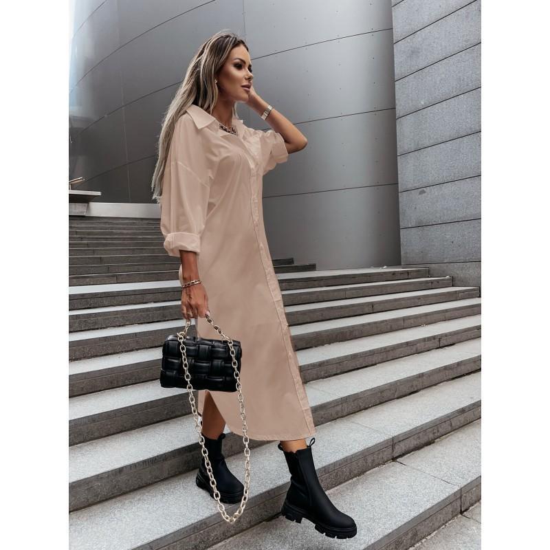 Womens Loose Fit Solid Color Shirt Dress With Side Slit V-Neck Long Sleeve Office Casual Elegant Style