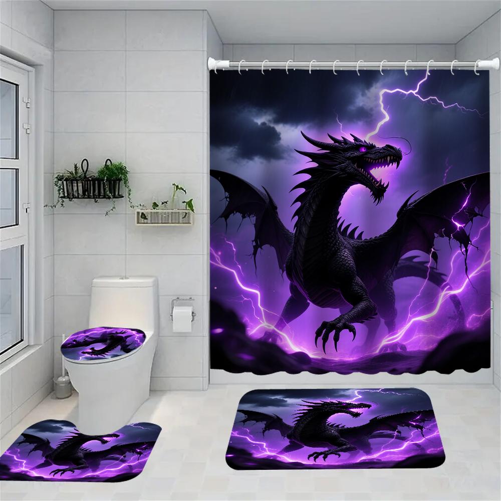 1/4 Duschvorhänge mit doppeltem Drachenkopf-Druck, Toilettensitzdekoration, Duschvorhang mit Teppich und Toilettendeckel, 70,8x70,8 Zoll