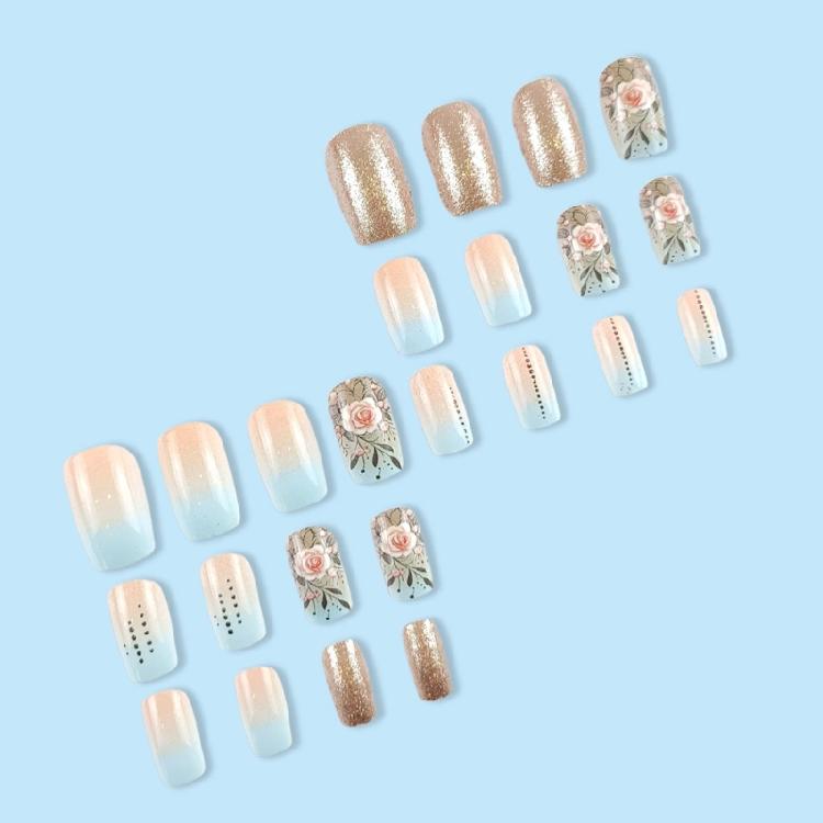 24Pcs Square Fake Nail Press On Nail Artificial Nail False Nail Glues On Nail with Flower Designs French Nail Tips