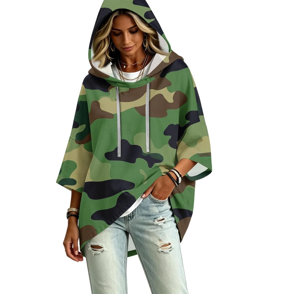 Women's Casual Camouflage Print Hooded Pullover Top with Three-Quarter Sleeves