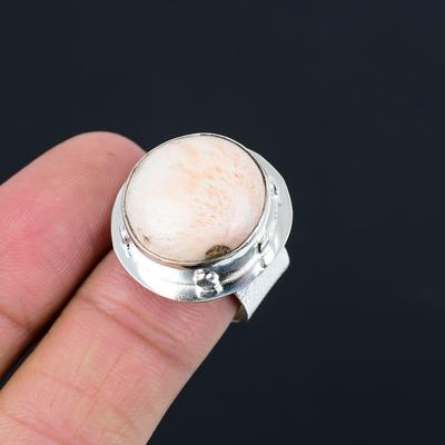 925 Silver Round Scolecite Gemstone Unique New Stackable Statement Ring Size 8.5