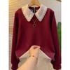 Autumn and Winter Red Spliced Lace Fake Two-piece Loose Long-sleeved Pullover Sweatshirt Top