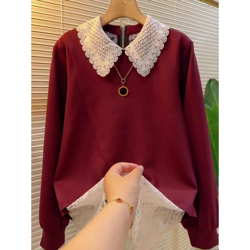 Autumn and Winter Red Spliced Lace Fake Two-piece Loose Long-sleeved Pullover Sweatshirt Top