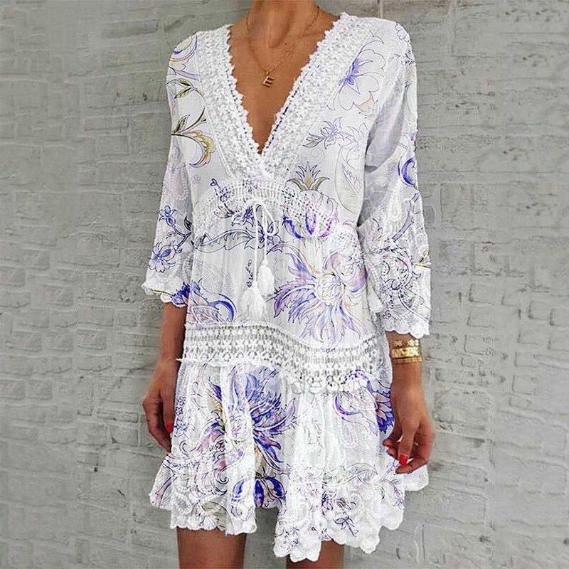 Elegant Solid Flare Sleeve Mini Dress Women Loose Tassel Drawstring Beach Dresses Summer Vintage Holiday Embroidery Ladies Dress