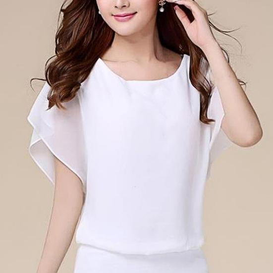 Women Top Solid Color O Neck Pullover Batwing Sleeve Ruffle Summer Top Daily Garment
