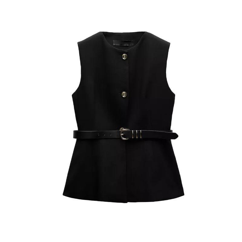 Fall and Winter New Women's Clothing Fashion Style Belt Minimalist Sleeveless O-neck Short Vest Jacket 9300525