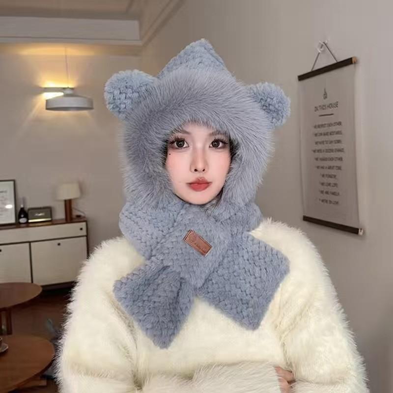 Winter Cute Bear Plush Hat Scarf Gloves Set With Windproof Warmth For Women