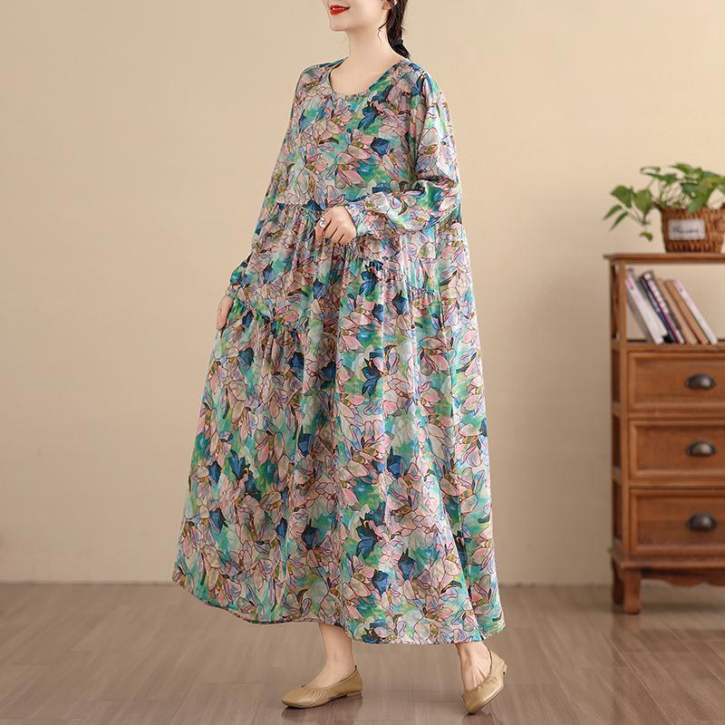 

DIMANAF New 2026 Women Plus Size Spring Summer Vintage Maxi Long Dress Loose Oversize Long Sleeve Floral Print One size