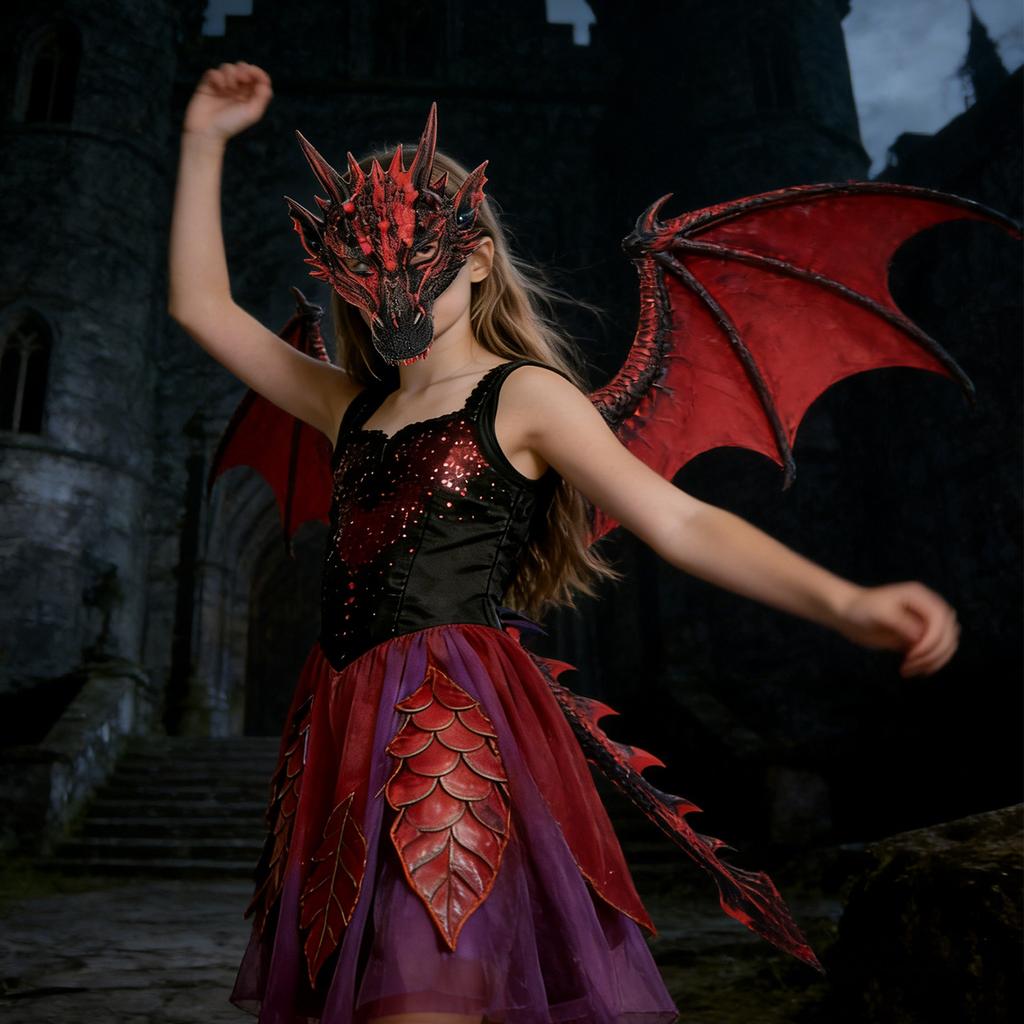 Dragon Wing Mask and Tail Set Dinosaur Cosplay Set for Kids Girls Boys Halloween Dragon Costumes for Theme Party Decor