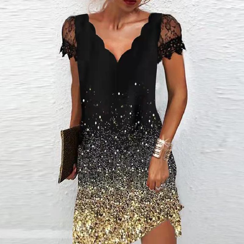 

Женское платье с принтом, V-образным вырезом, кружевной вставкой и короткими рукавами XXL