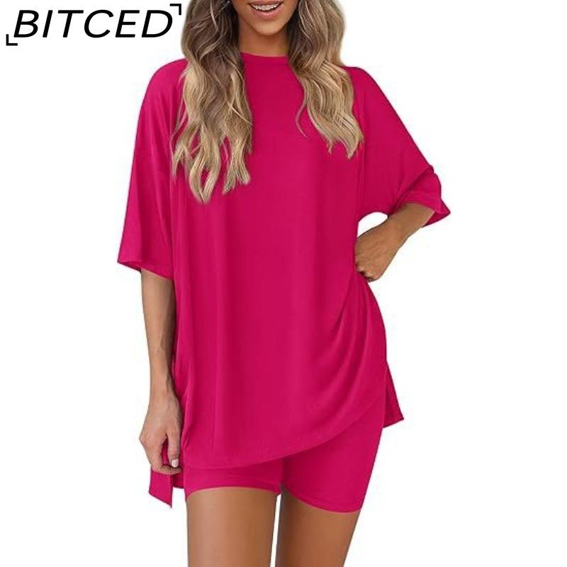 BITCED Women's Spring/Summer Loose-Fit Fashion Solid-Colour Casual Short-Sleeved Top and Shorts Two-Piece Set