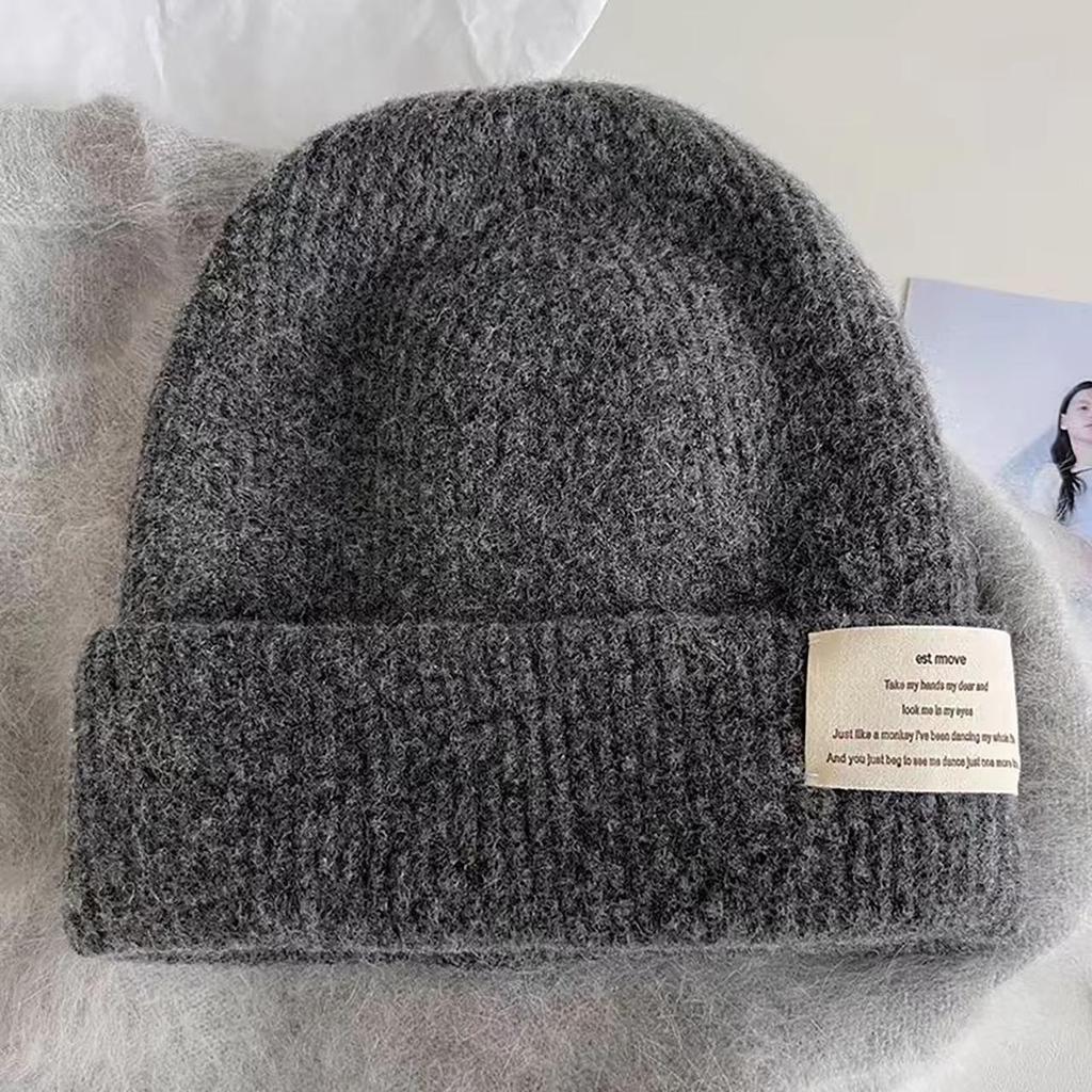 Damen Wollstrick Winter Dicke Mütze Einfarbig Buchstaben Etikett Beanies Skullies Koreanisches Mädchen Ohrenwärmer Kälteabweisende Überzieh-Mütze