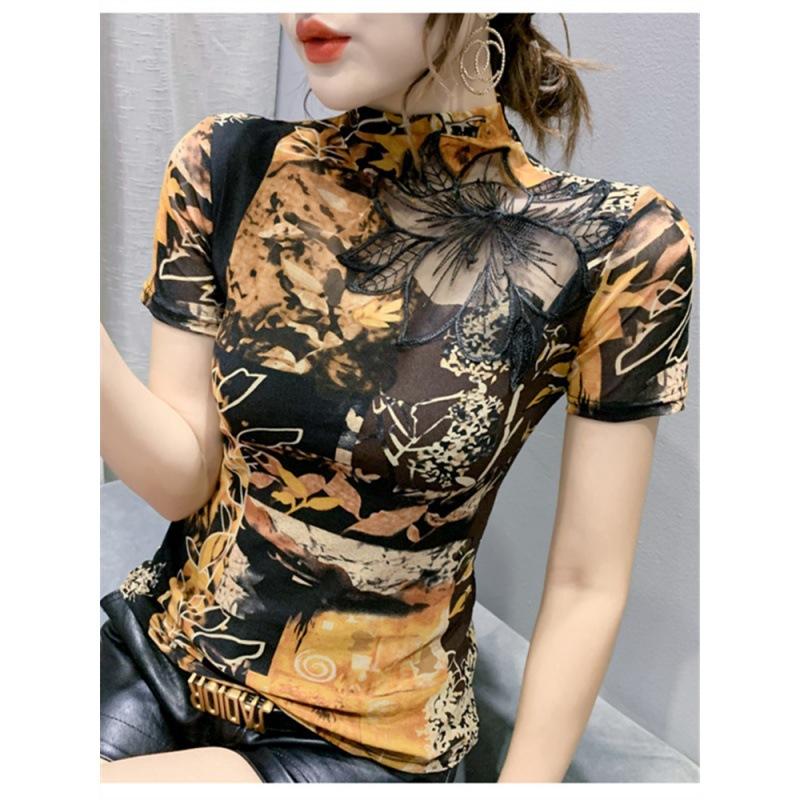 

Футболка с короткими рукавами из сетчатой ткани для женщин, весна и осень, новая базовая рубашка с принтом сверху, сексуальная рубашка с полуводолазкой 3XL