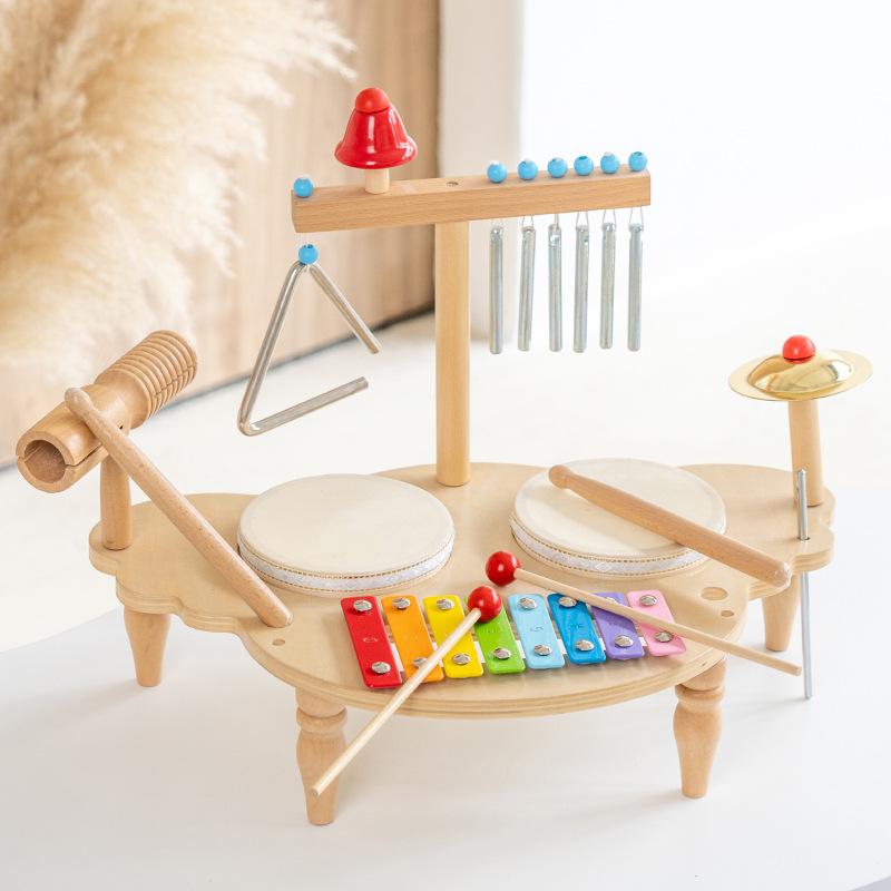 Kids Wooden Montessori Musical Percussion Toys - Xylophone Drum Gong Hand Drum Educational Toddler Toy