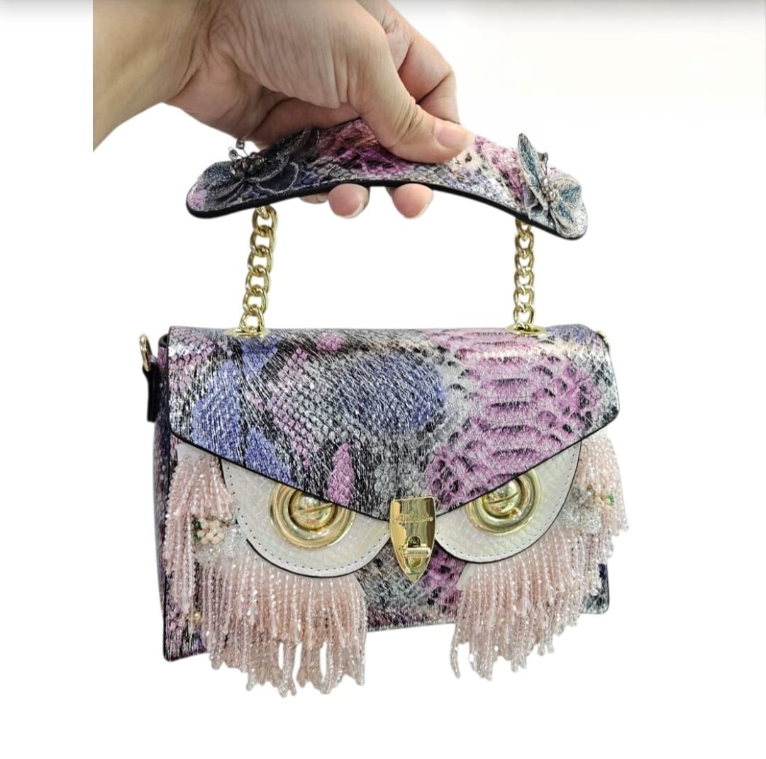 

Розкішна вечірня сумка-клатч ручної роботи з бісером у вигляді сови з бахромою, весільна вечірня сумочка, дизайнерський гаманець з рожевим зміїним принтом, подарунок для неї фіолетовий/рожевий