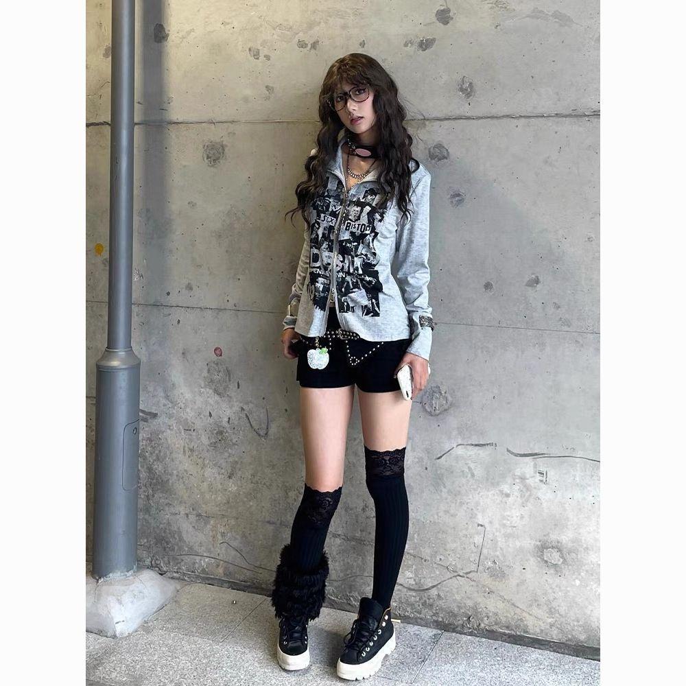Sexy Women T-shirts Zipper Printed Design Long Style Girls Y2K Tops Fashion Lady Tshirt
