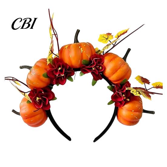 Bequemes Lang tragbares Stirnband Halloween Haarreif, Schwarz mit 3D Kürbis Herbstlaub Accessoire Rote Blumen, Universell Thanksgiving Tag Party