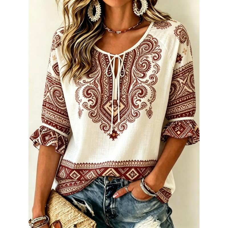 Women's Boho Geometric Tribal Print Tie Front Blouse, Casual Loose Top for Spring Summer Daily Wear