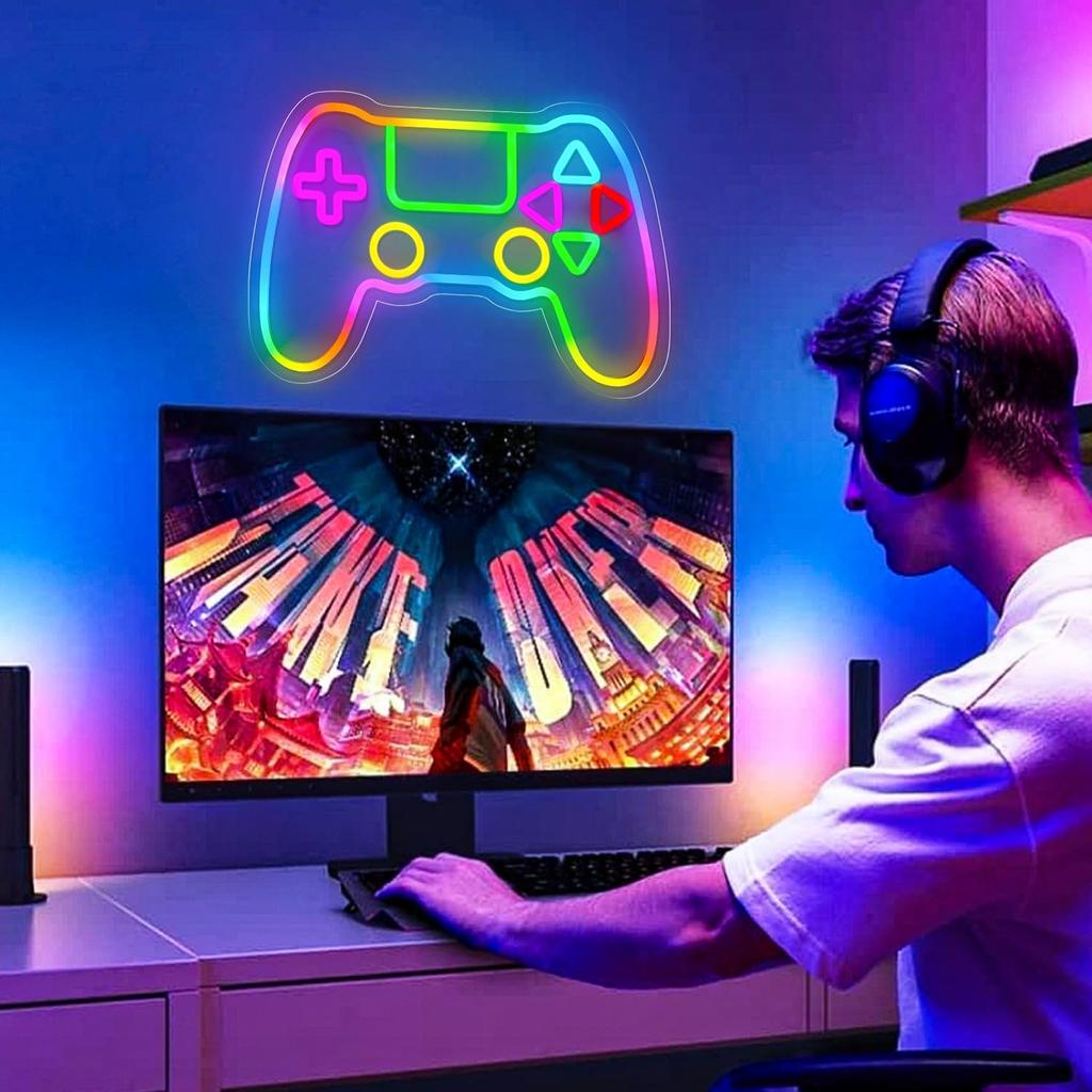 Gamer Neon Sign, LED Game Controller Gamepad Gaming Neon Light Sign for Game Room Wall Decor, Scrolling Color Changing Flashing Modes, Video Game
